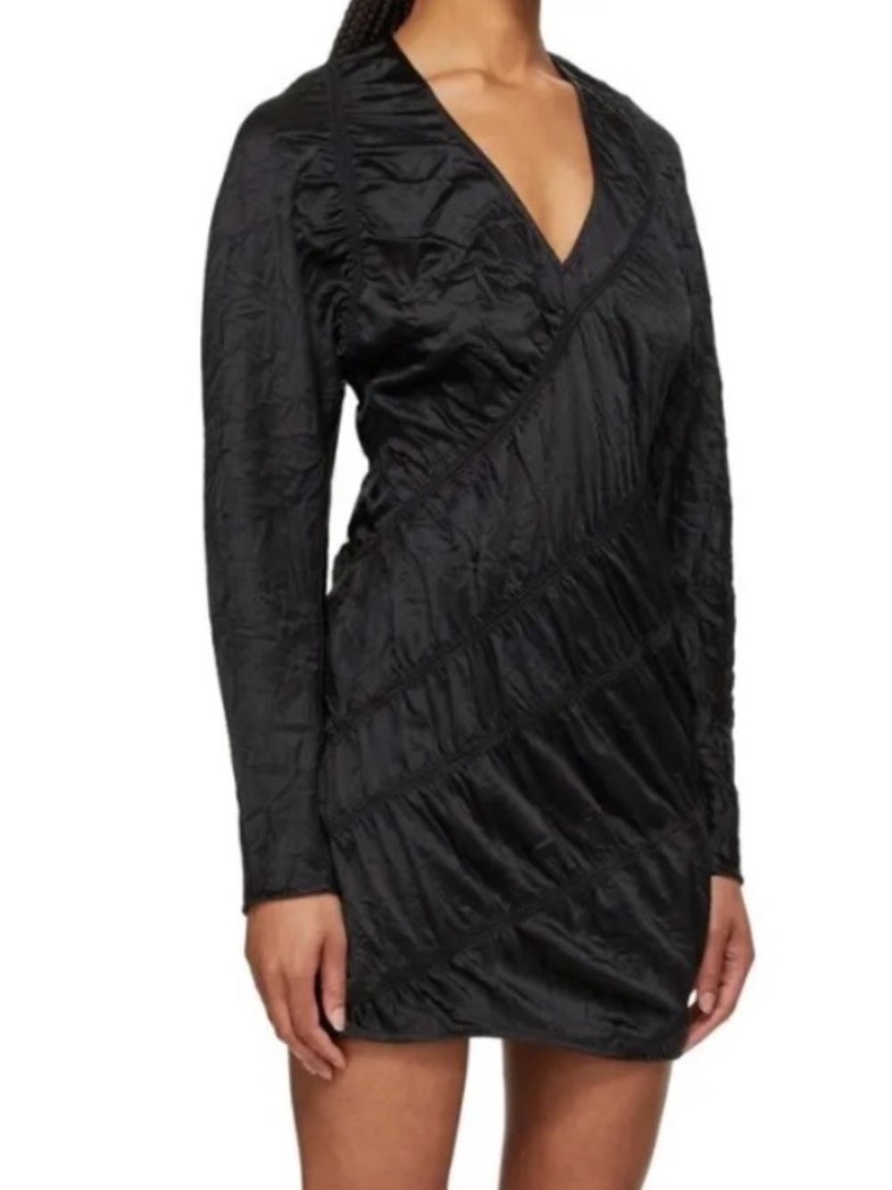 Ganni black satin ruched long sleeve mini dress size 34/2